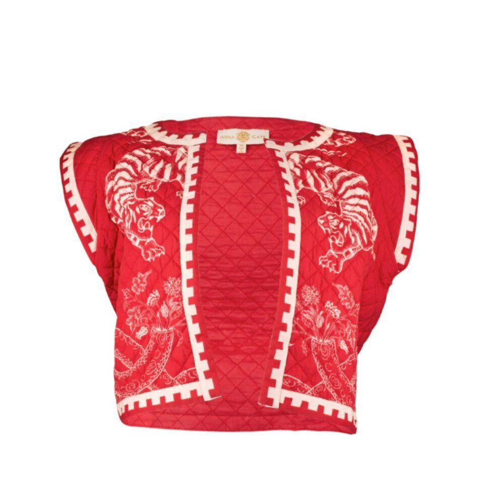 Anna Cate Carmen Vest Womens Medium Red Scarlet Tiger Print Cotton Open Front